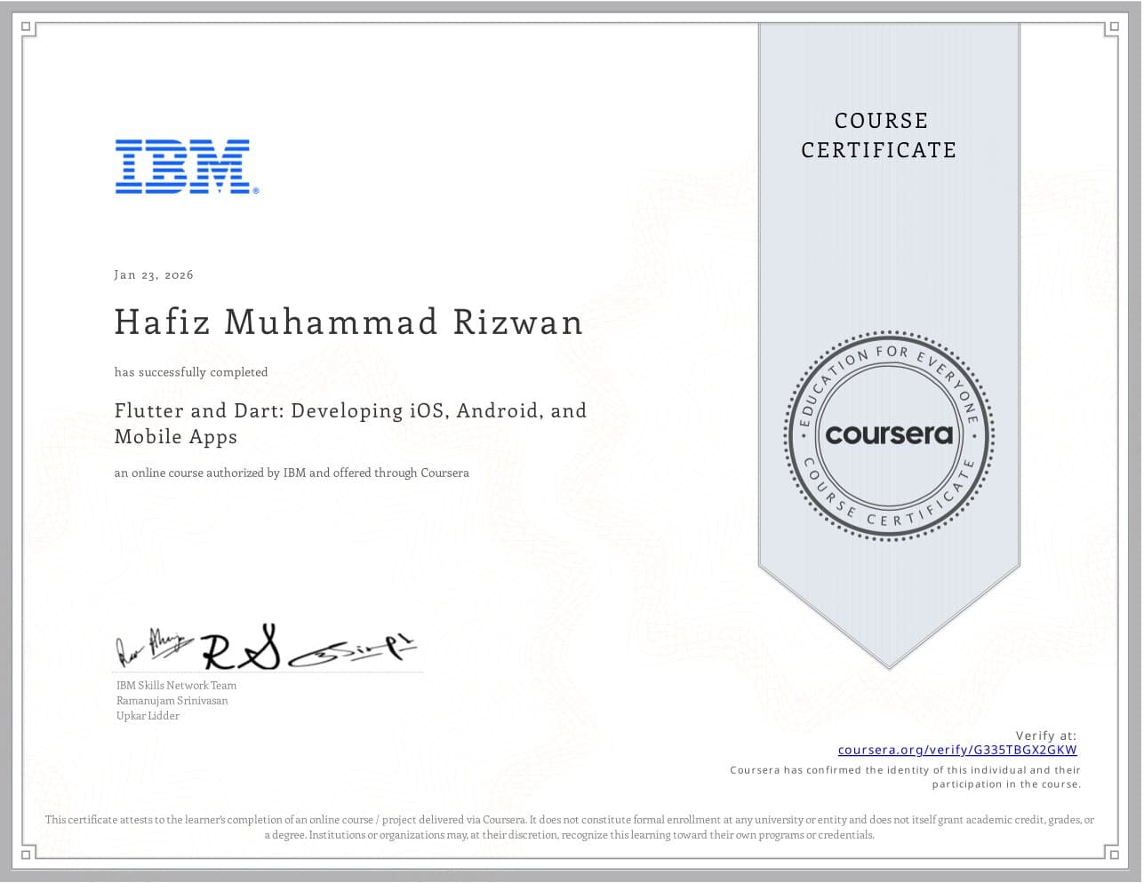 Flutter and Dart: Developing iOS, Android, and Mobile Apps certificate — Coursera